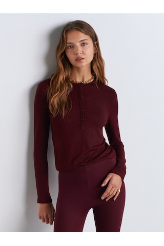 Dilvin 31544 Düğmeli Uzun Kollu Top-bordo Bordo