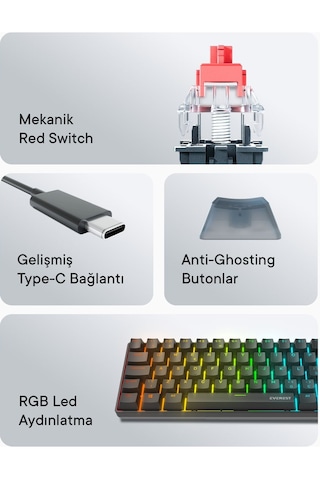Everest Amber Siyah Type-c Bağlantılı Rgb Ledli Mekanik Gaming Oy