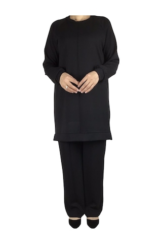 Kadın Tunik Önü Dikişli Altı Bantlı Pantolon Beli Lastikli Önü Dikişli İkili Takım Siyah