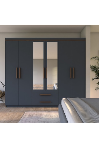 Metalia Gm 820 Armina Lüx 6 Kapılı 2 Çekmeceli Gardrop Ceviz Antrasit Gri
