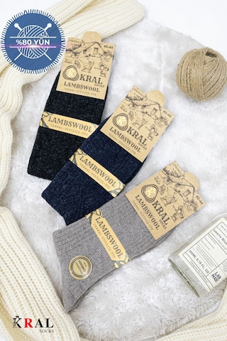 Kral Socks Erkek Çorabı Lambswoll 3 Adet Termal Özellikli Kalın Uzun Çorap Asorti