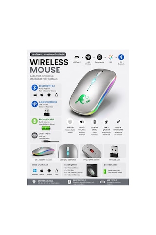 Jng-5012m Kablosuz Şarjlı Mouse Çift Modlu Bluetooth Ve 2.4 Ghz Usb Wireless Rgb Led Işıklı Telefon Tablet Bilgisayar Uyumlu 1600 Dpi Sessiz Click Mouse Diğer