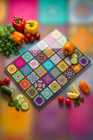 Makri Home Dekoratif Desenli Cam Kesme Tahtası 25 Cm 35 Cm Çok Renkli