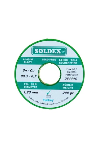 Soldex 1.20 Mm 200 G Kurşunsuz Lehim Teli %99.3 Sn / %0.7 Cu