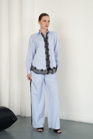 Verymoda Dantel Detaylı Çizgili Pantolon F2083 Mavi
