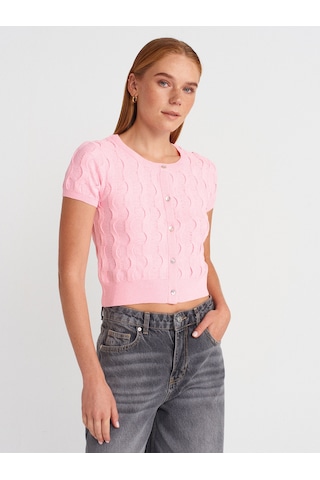 Dilvin 60980 Bisiklet Yaka Dokulu Düğmeli Triko Hırka-pembe Pembe