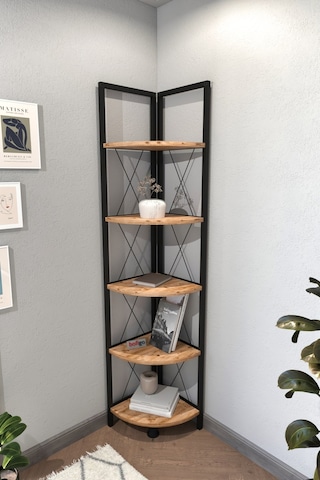 Bofigo 5 Raflı Metal Köşe Kitaplık Dekoratif Aksesuar Rafı Çam