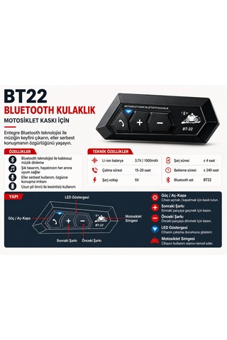 Bt22 Motorsiklet Kaskı İntercom Bluetooth Kulaklık Su Geçirmez Mikrofon Dahil Her Kask Tipine Uygun Bluetooth 5.0 Müzik Mikrofon Çağrı