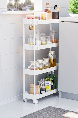Beyaz 4 Katlı Tekerlekli Dar Düzenleyici Mutfak Ve Banyo Rafı Vesken