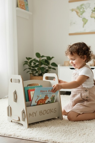 Montessori Ahşap Çocuk Kitaplığı Gri Eğitici Ve Dekoratif Tasarım - Kitaplık Beyaz