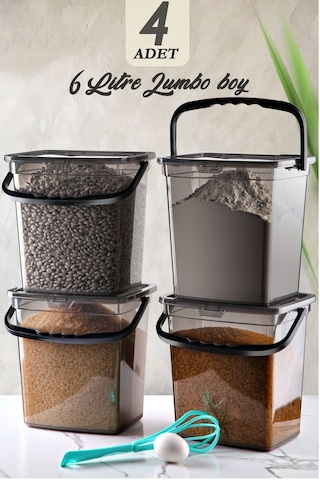 Vienev Mega Boy 4'lü Kare Un Bakliyat Kabı 6 Litre - Kulplu Deterjanlık Saklama Kutusu Kabı Antrasit