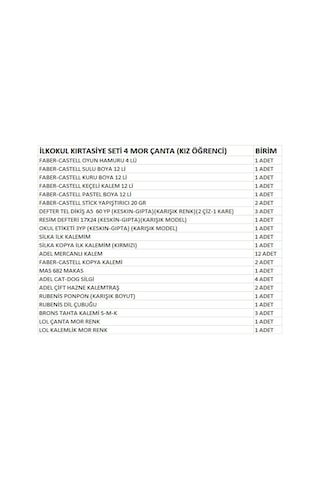 İlkokul Kırtasiye Seti 4 Mor Çanta Kız Öğrenci