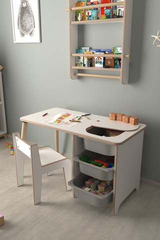 Çocuk Oyun Ve Aktivite Masası - 1 Sandalye - Gri Sepetli Beyaz-gri Beyaz - Gri