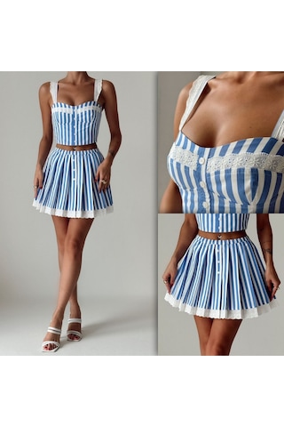 Fashion Cocktail Santorini Marin Renk Sırt Lastikli Pamuklu Dantelli Çizgili Şirin Yazlık Etek Krop Takım Mavi Mavi