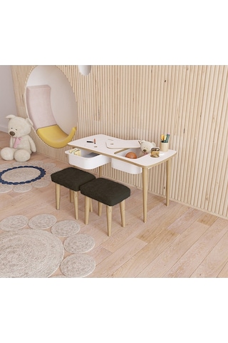 Fahrettin Küçük Montessori Çocuk Masası Oyun Masası Aktivite Masası Çalışma Masa 2 Adet Welsoft Siyah Puflu Tabureli Siyah