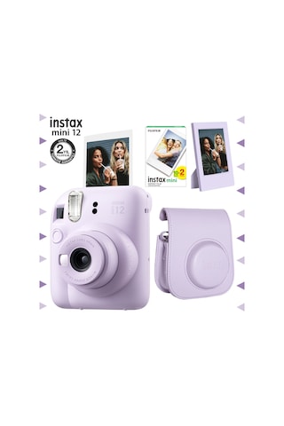 Fujifilm Instax Mini 12 Fotoğraf Makinesi + 20'li Film + Çerçeve + Deri Kılıf Seti Lila