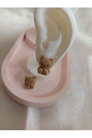 Açık Kahverengi Peluş Kedili Küpe