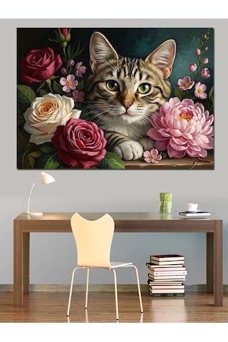 Güller Arasında Şirin Kedi Portresi Dekoratif Kanvas - Mdf Ahşap Tablo