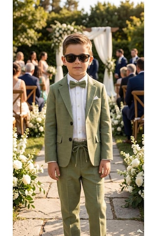 Baby Kids Colors Erkek Çocuk Flamlı Keten Salaş Ceketli Takım Elbise / Gömlek Pantolon Ceket Papyon Keten Takım Yeşil