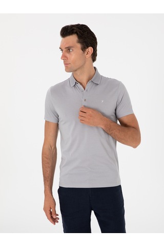Taş Slim Fit Desenli Polo Yaka T-shirt Gri