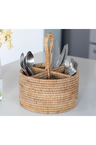 Rattan Hasır Bambu Yuvarlak Kaşıklık & Dekoratif Mutfak Tezgahı Düzenleyici Çok Renkli