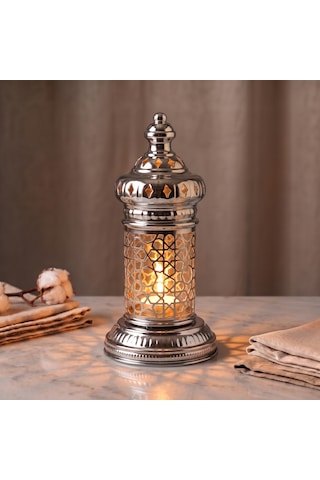 Beyaz Geometrik Metal Fener Selçuklu Yıldızı Çay Feneği Tutucu Minimalist Fas Mum Dekorasyonu Gümüş