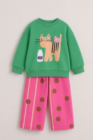 Monila Kız Çocuk Yeşil Kedi Baskılı Pamuklu Sweatshirt Ve Pembe Puantiyeli Eşofman Alt Üst Takım