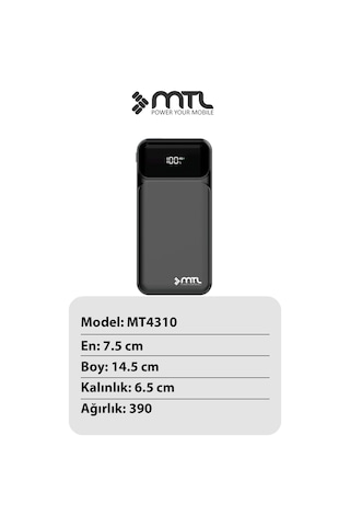10000 Mah 22.5w Süper Hızlı Şarj Dahili Kablolu Dijital Led Göstergeli Pd Ve Qc 3.0 Powerbank Mt4310 Siyah