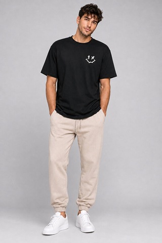 Nevermind Sevgili Kombini Smiley Baskılı Çift Tişört Oversize Unisex %100 P Siyah