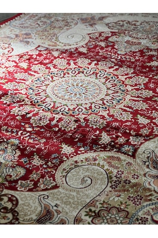 Asaryün Halı Ipek H4030 Bordo İpeksi Geleneksel Renkli Göbekli Klasik Desen Salon Halısı Modern Renkli