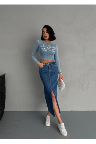 Zeo Basic Maxi Boy Koyu Mavi Denım Etek Mavi