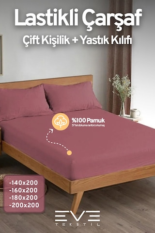 Eve Tekstil Pamuklu Çift Kişilik Rainforce Kumaş Lastikli Çarşaf Ve Yastık Kılıfı Set Gül Kurusu