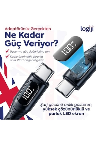 Ayrex 100w Type-c To Type-c Dijital Led Ekranlı Göstergeli Hızlı Şarj Kablosu E-mark Çipli, Dayanıklı Örgülü, Genel