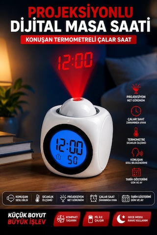 Duvara Yansıtan Projeksiyonlu Dijital Çalar Saat Konuşan Termometreli Led Alarm Masa Saati Beyaz