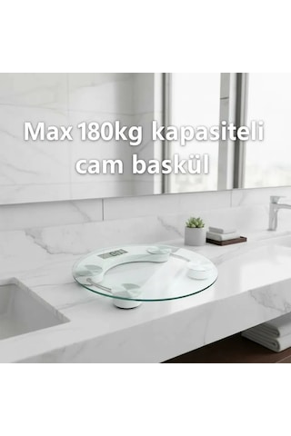 Yuvarlak Şeffaf Dijital Cam Baskül Tartı - 180 Kg Taşıma Kapasitesi, Hassas Ölçüm, Şık Tasarım Terazi