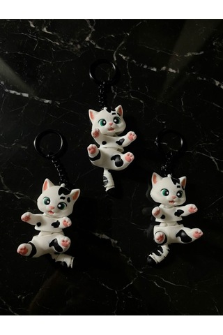 3'lü Hareketli Eklemli Kedi Anahtarlık Sevimli Benekli Kedi Figürü Çanta Aksesuarı Stres Oyuncağı 3d Beyaz