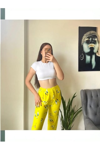 Kadın Sarı Tweety Desenli Süet Tek Alt Pijama Sarı