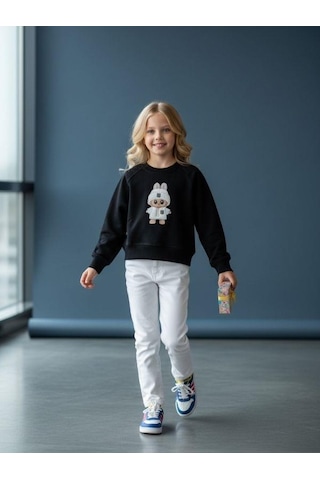 Kız Çocuk Pamuklu Karakter Baskılı Oversize Tasarım Sweatshirt-16454 Siyah