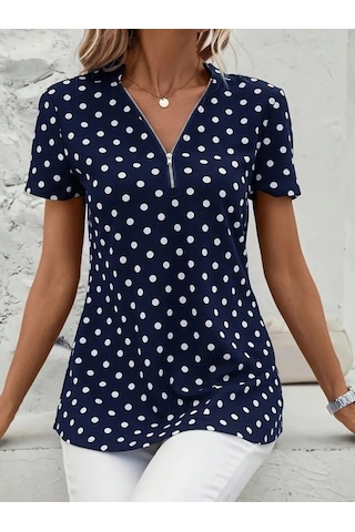 Modasize Kadın Kısa Kollu Yakadan Fermuarlı Puantiyeli Uzun Dokuma Viskon Bluz Lacivert
