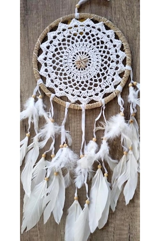 Hdmarketim Düş Kapanı Dreamcatcher Kuş Tüyü Duvar Süsü %100 Pamuk Elişi Beyaz