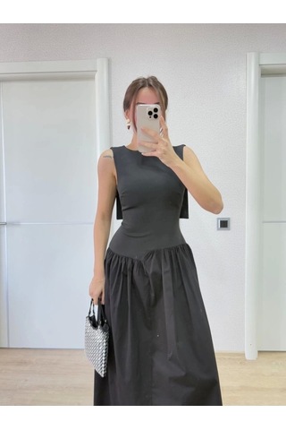 Defymoda Arkası Kanatlı Uzun Elbise- Siyah Siyah