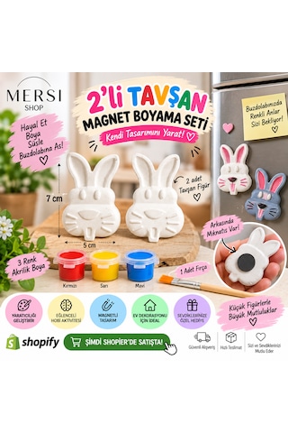 2 Li Tavşan Magnet Boyama Seti Taş Tozu Kendin Boya 3 Renk Ve Fırçalı Hobi Seti 7x5 Cm