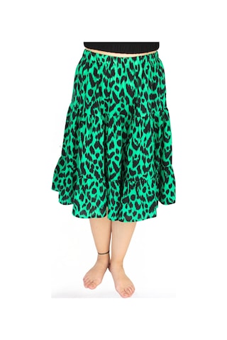Nurören Viskon Kumaş Yeşil Siyah Leopar Desenli Midi Boy Kadın Şort Etek Leopar