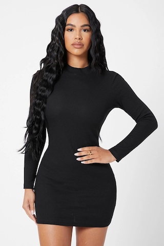 Moda Dua Kadın Siyah Kaşkorse Balıkçı Yaka Uzun Kollu Bodycon Mini Elbise