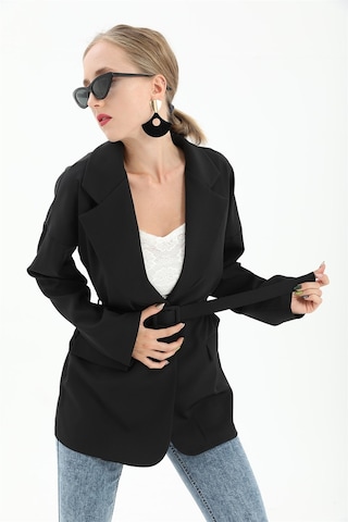 Düşük Omuz Kemerli Atlas Kumaş Blazer Ceket - Siyah-siyah Siyah