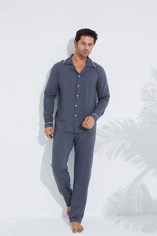 Siyah İnci Erkek Pamuklu Gömlek Yaka Düğmeli Biyeli Pijama Takım Antrasit