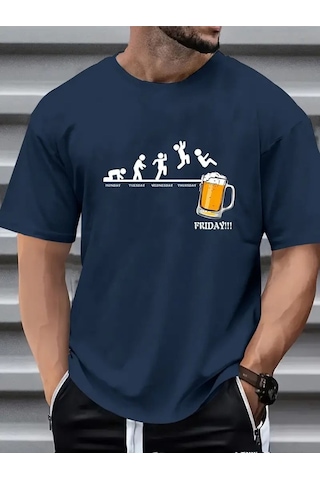 Flood Of Style Erkek Lacivert Friday Beer Baskılı Oversize