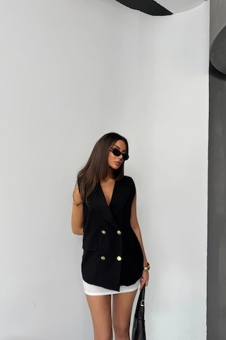 Gold Düğmeli Keten Yelek - Siyah Siyah