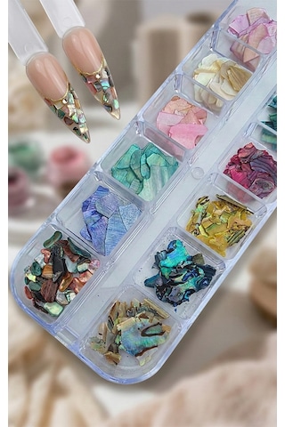 12li Sedefli İnce Deniz Kabuğu Tırnak Süsleme Charm Nail Art Charm Taşları Wn-510
