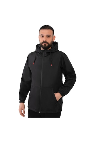 Freemen Erkek Siyah Içi Astarlı Kanguru Cepli Su Ve Rüzgar Geçirmez Kapüşonlu Cepli Yağmurluk Siyah